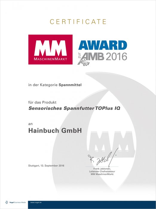 Le mandrin de serrage TOPlus IQ remporte le prix MM Award de l'innovation au salon AMB 2016